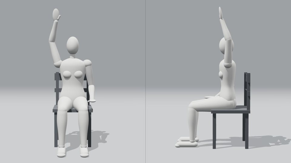 3D model, Seated, one palm lifted overhead, the other pressing down by the hip (front and side views)