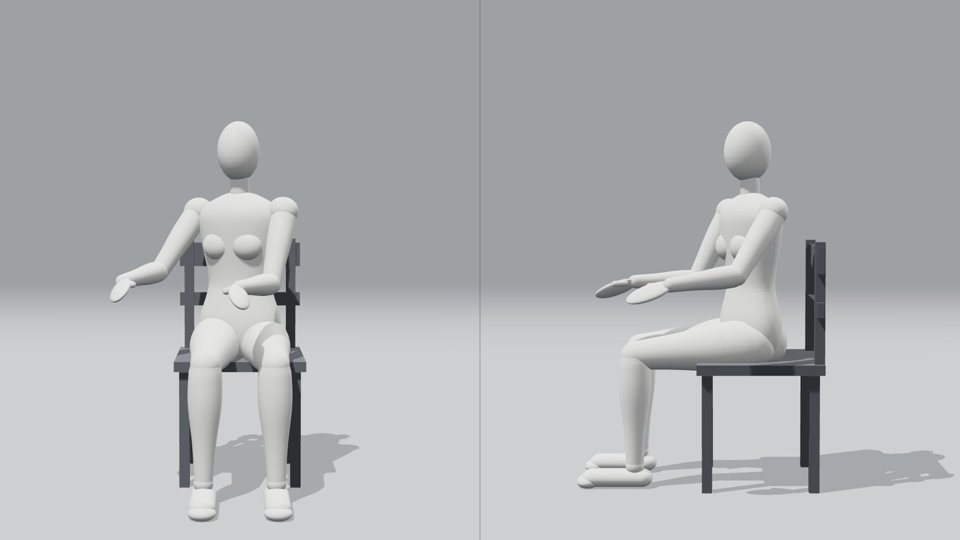 3D model, Seated, upper body turned slightly, arms swinging softly (front and side views)