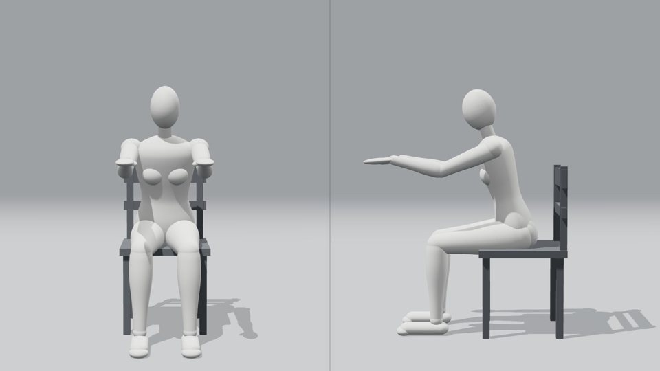 3D model, Seated, leaning slightly forward with arms reaching forward (front and side views)