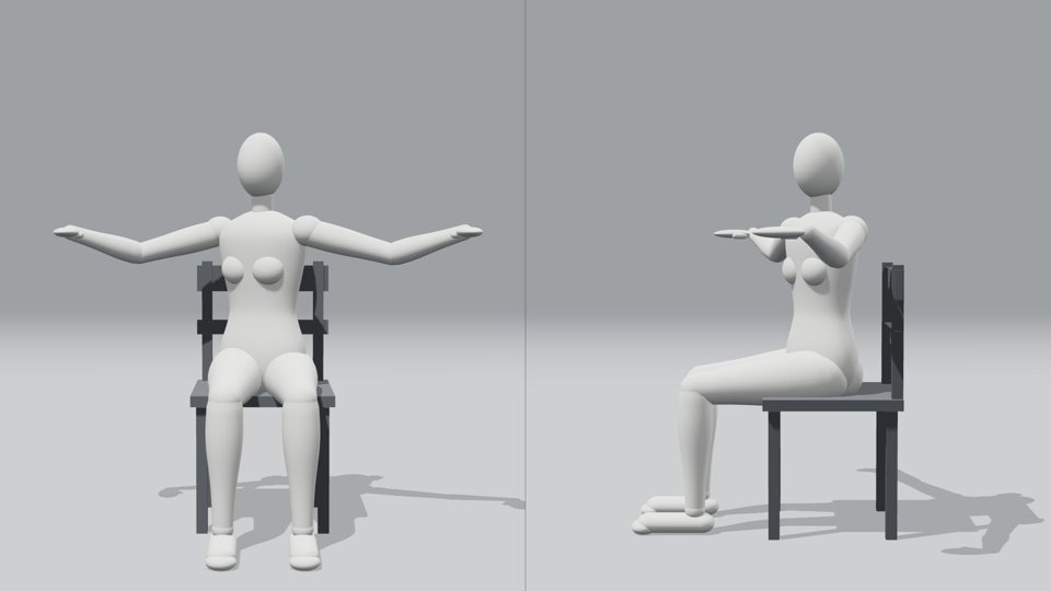 3D model, Seated, arms open, upper body turned gently (front and side views)
